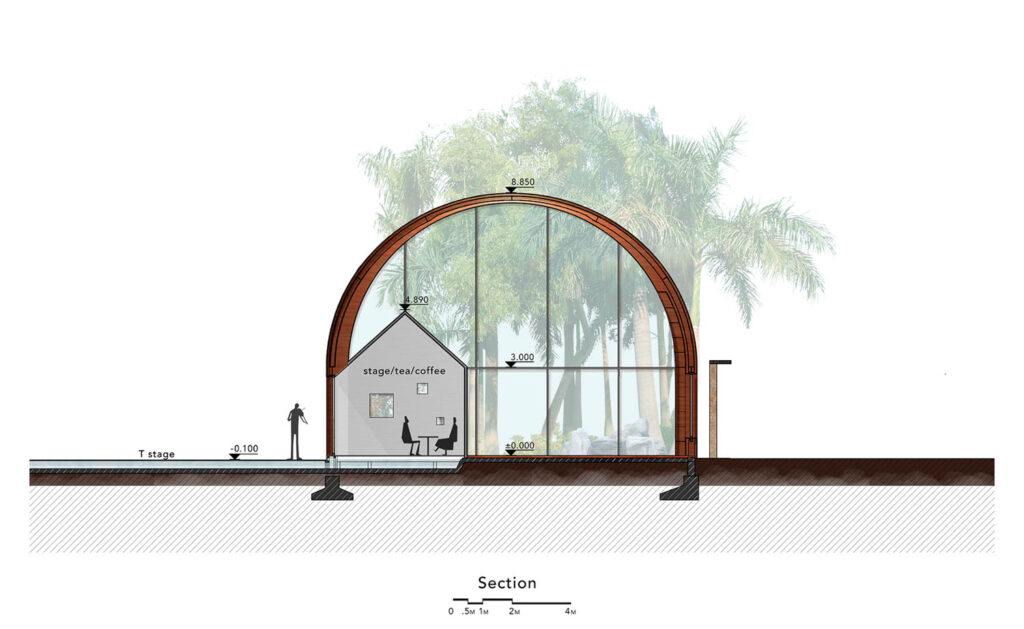 an Autocad rendering shows a small hut inside a building