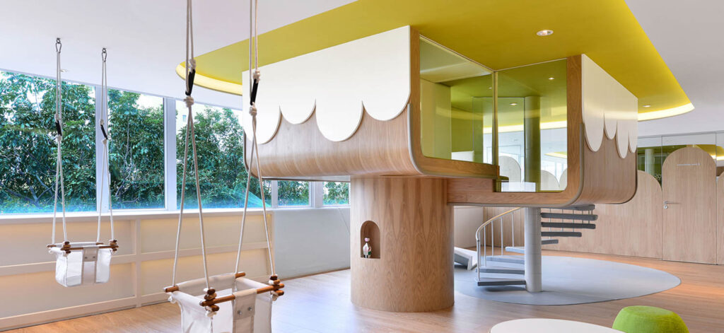 An indoor treehouse with a whimsical design