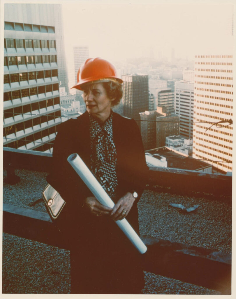 Beverly Willis, pioneering architect and champion of women's rights, at a construction site in 1982