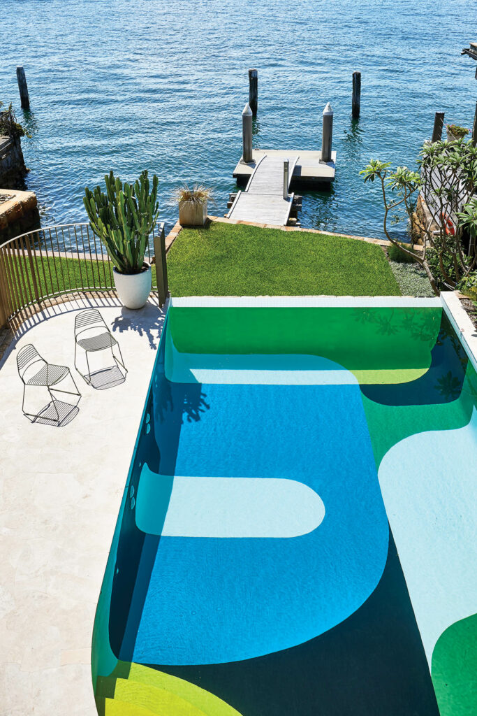 an aerial view of a swimming pool with artwork by Janet Ottaviano