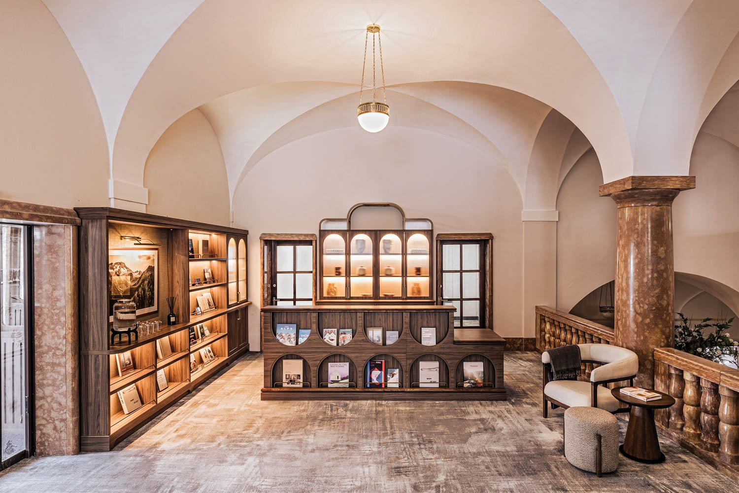 a Wes Anderson inspired reception area at a Swiss ski resort