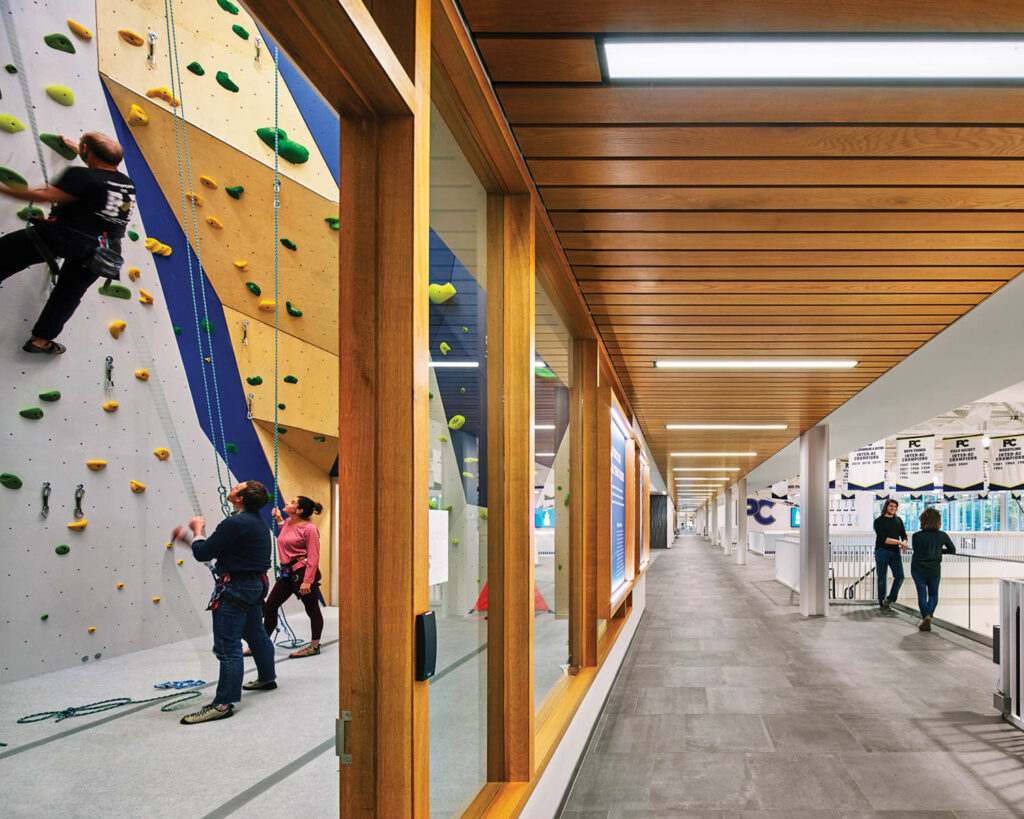 a rock climbing wall in The Graham Athletics & Wellness Center