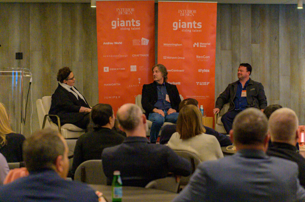 cindy allen on stage with tom kundig and the owner of cyrus restaurant