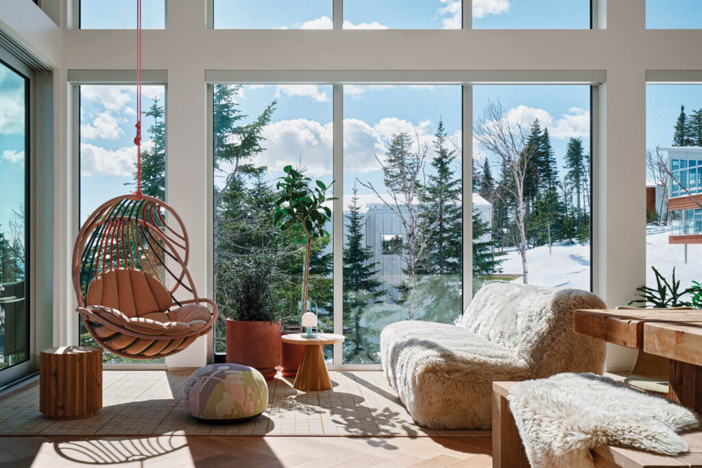 living room with fuzzy couches and swinging chair