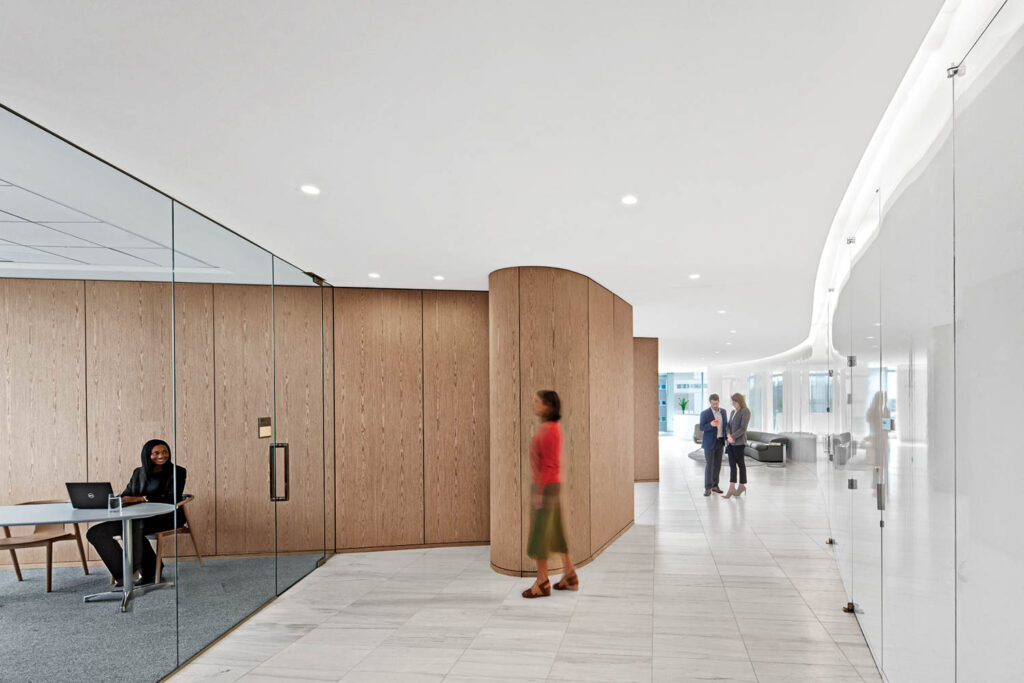 outside an executive office with oak veneer corridor paneling