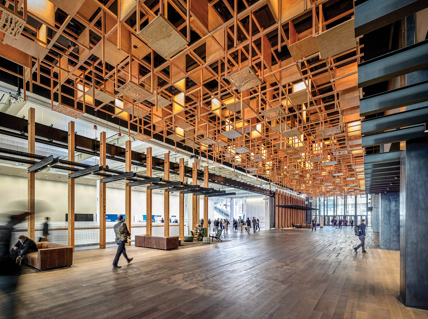 interior of Seattle Convention Center with lots of wooden boxes hanging from the ceiling