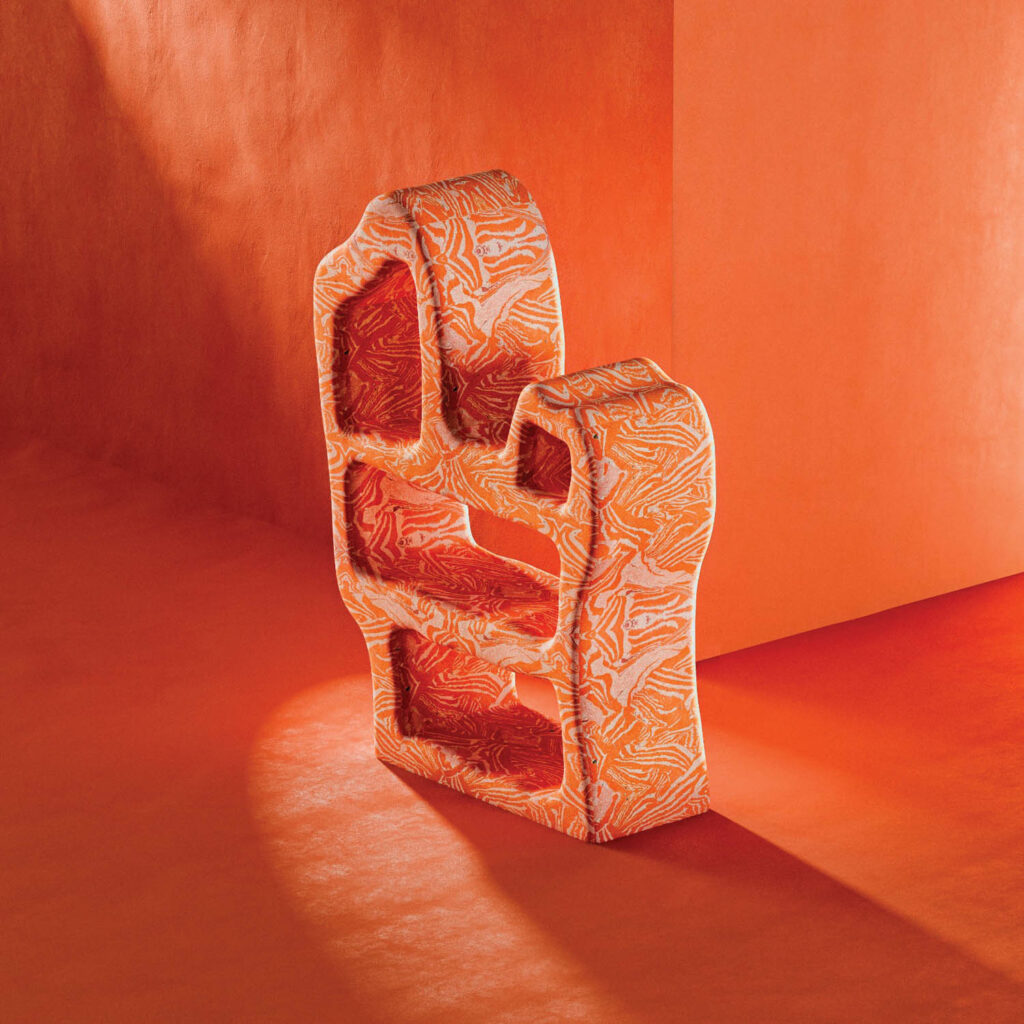 orange marbled bookshelf against an orange background