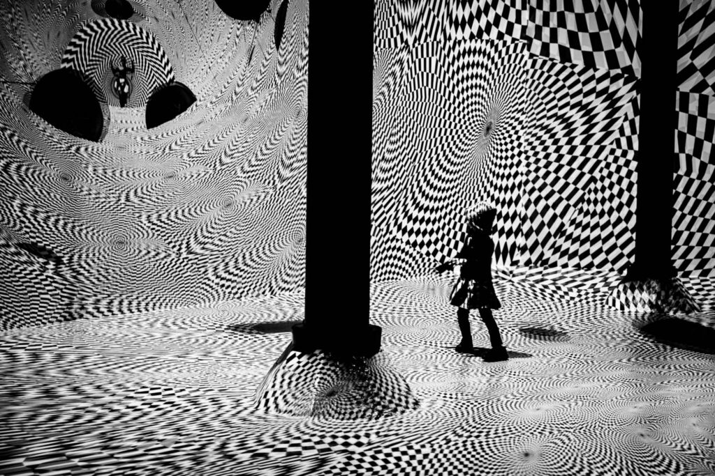 a person in a graphic black and white room