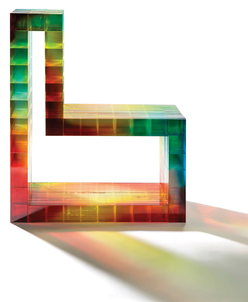 a geometric rainbow chair from the side view