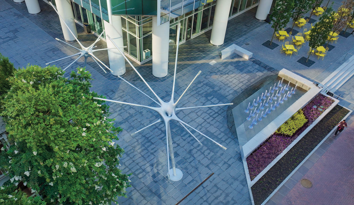 overhead view of metal sculpture shaped like a star burst