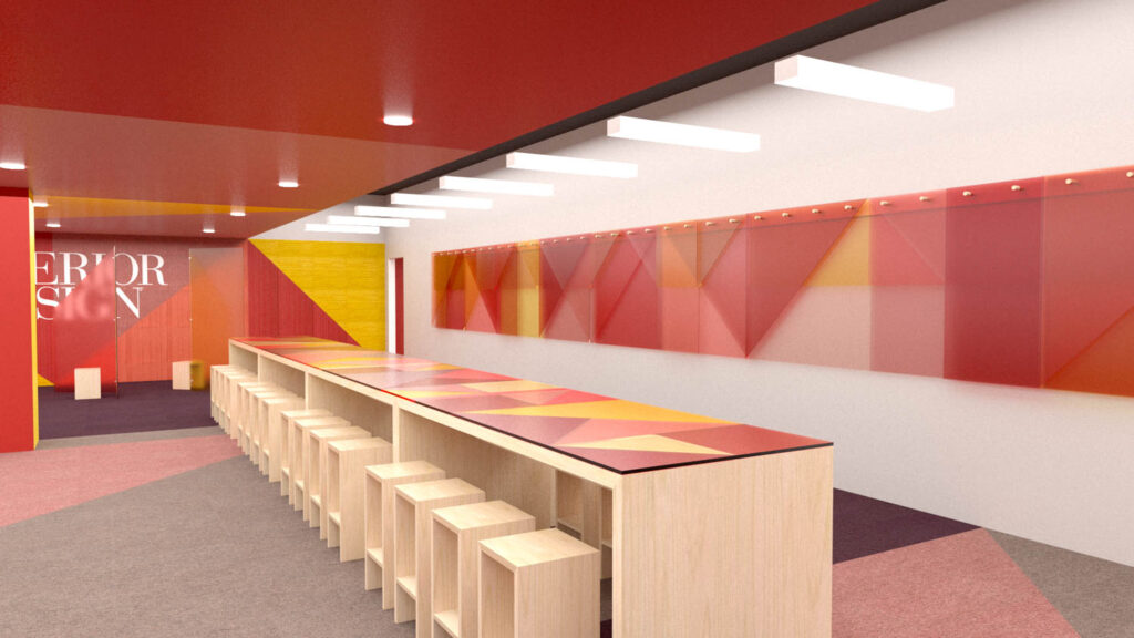 a long table with color block pattern in Interior Design's DesignScene space at NeoCon 2024