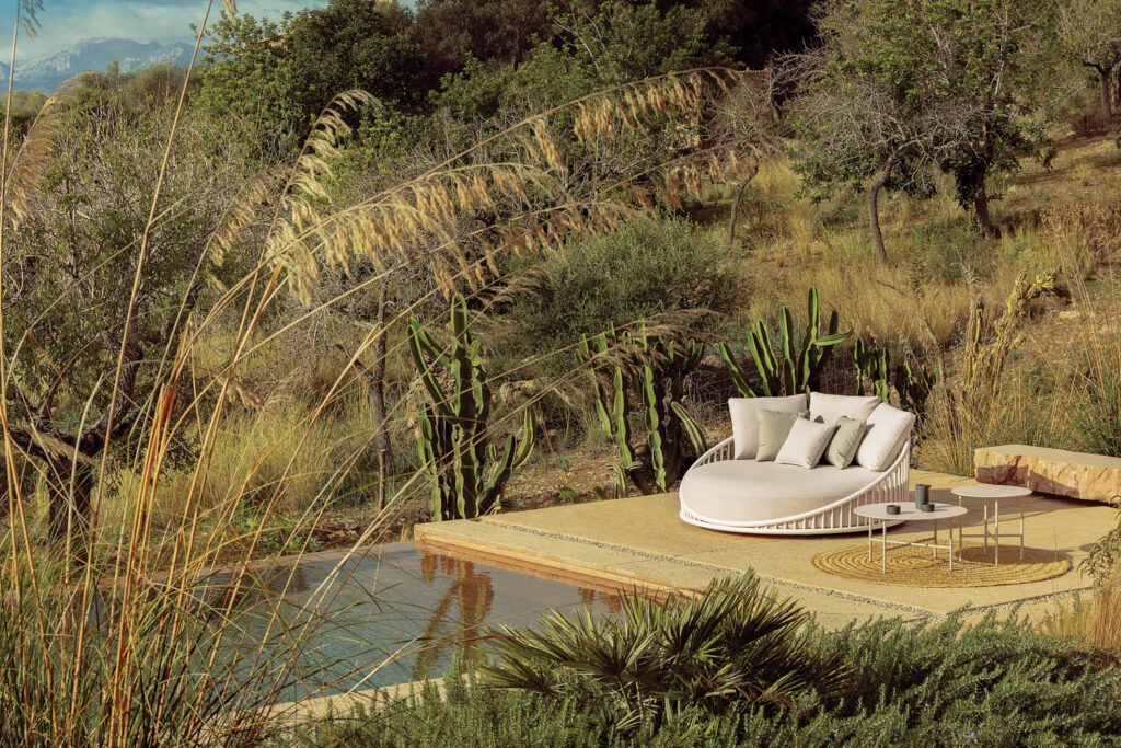 a daybed in a desert scape