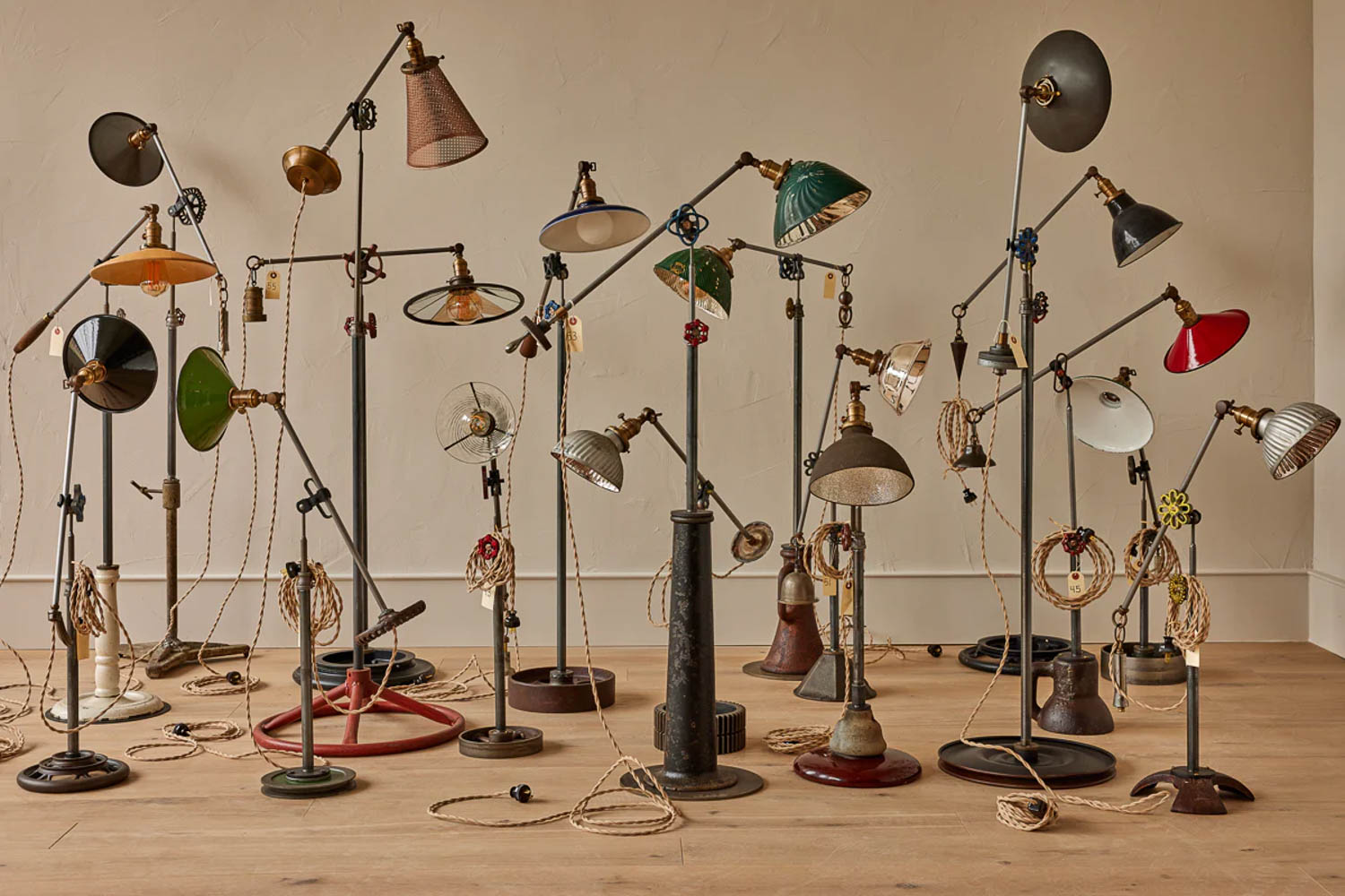 multiple bronze lamps all next to each other