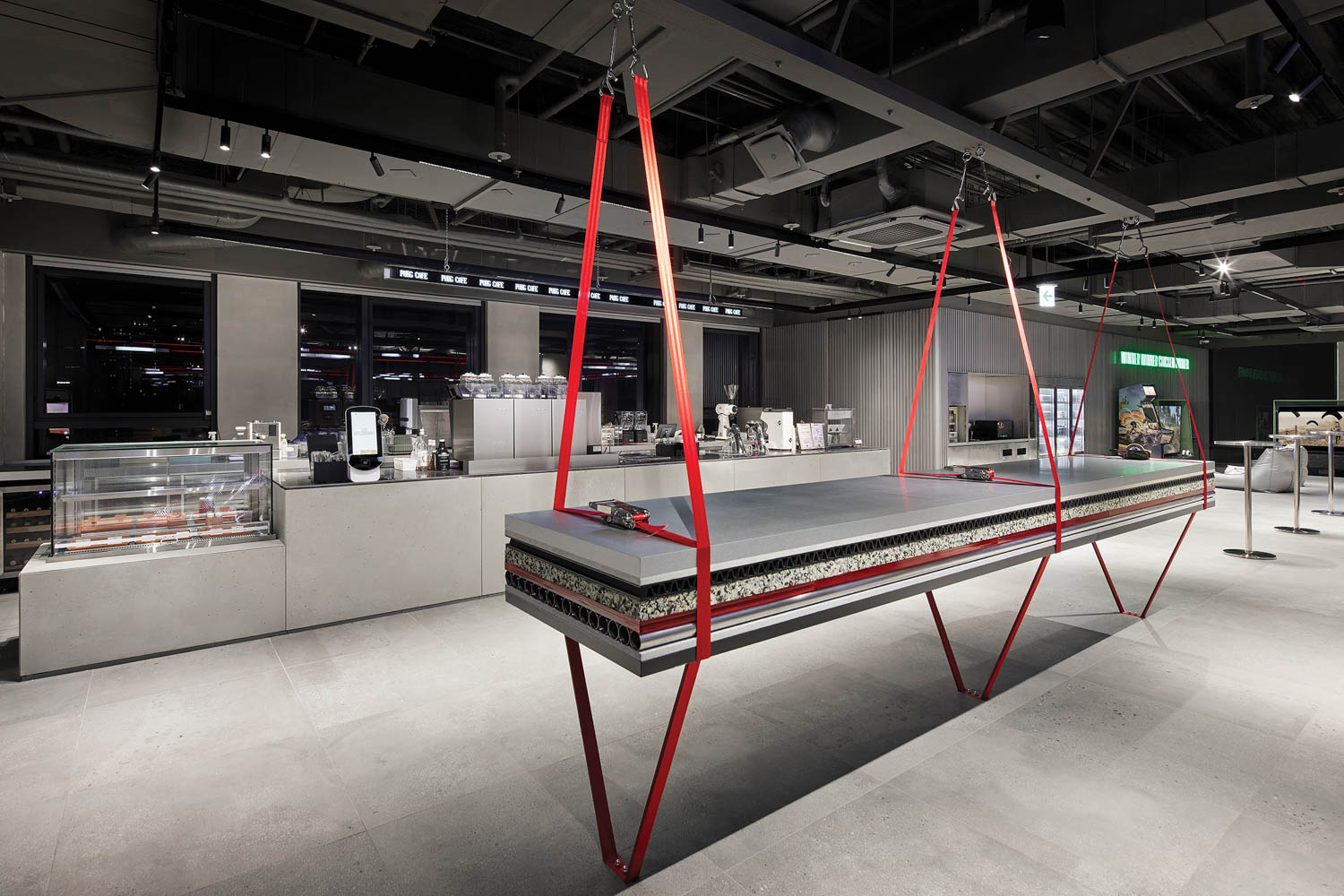 coffee shop bar with themed grey and red tables