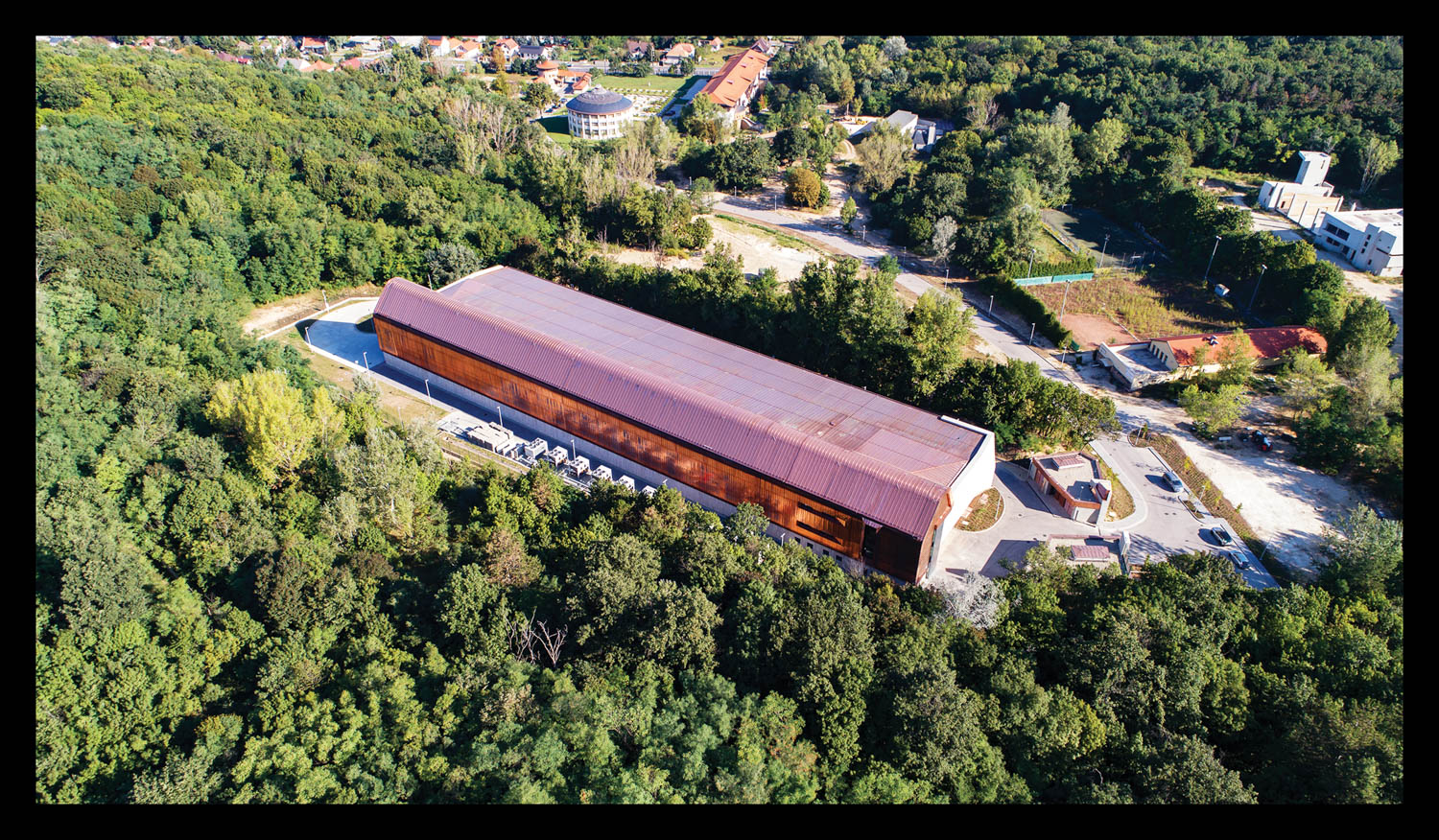 Building facade with lavender roof in a densely populated forest