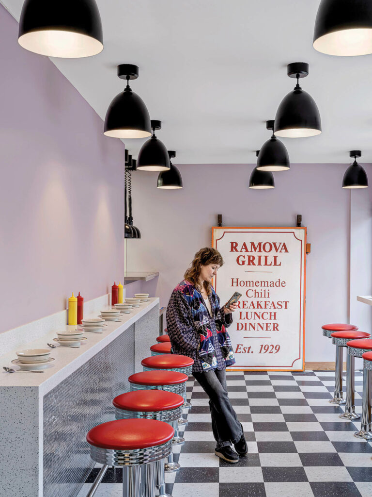 Ramova Grill with Vinyl Flooring, Teton Pendants and Original Sign