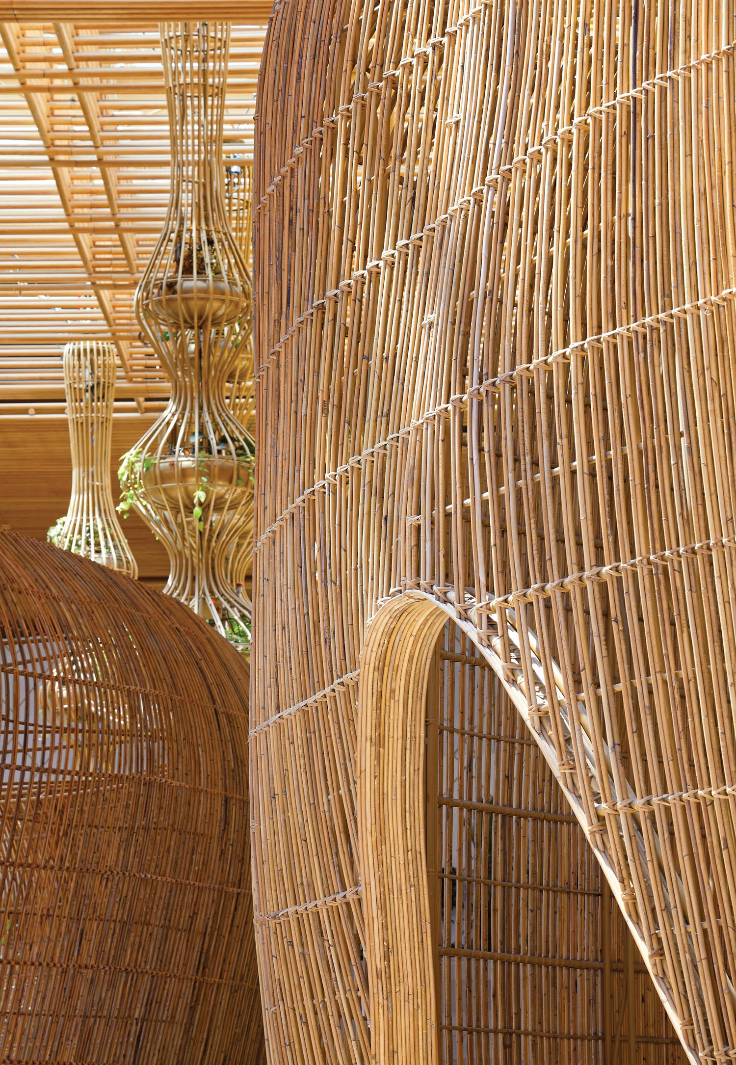 closeup of the rattan pavilion inside this airport