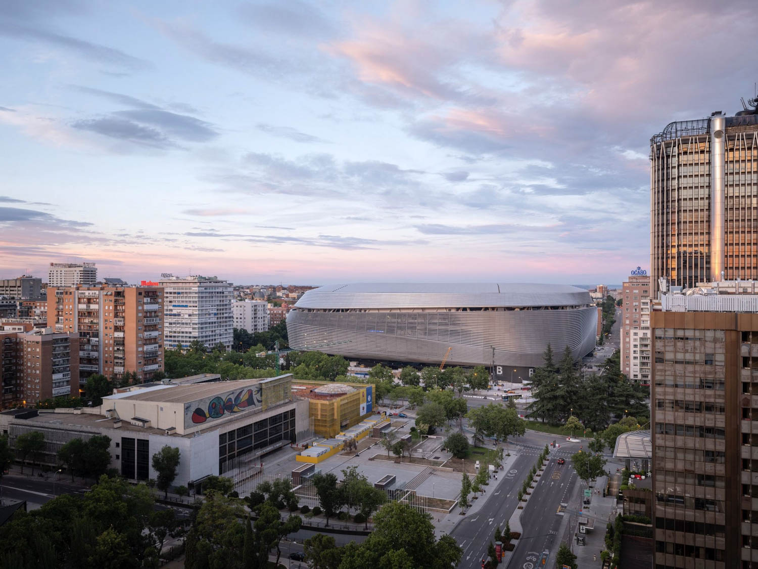 exterior of a stadium at sunset