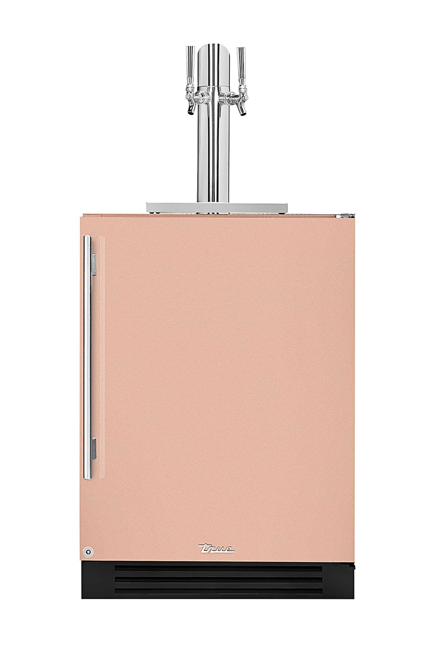 a pink refrigerator with a stainless handle