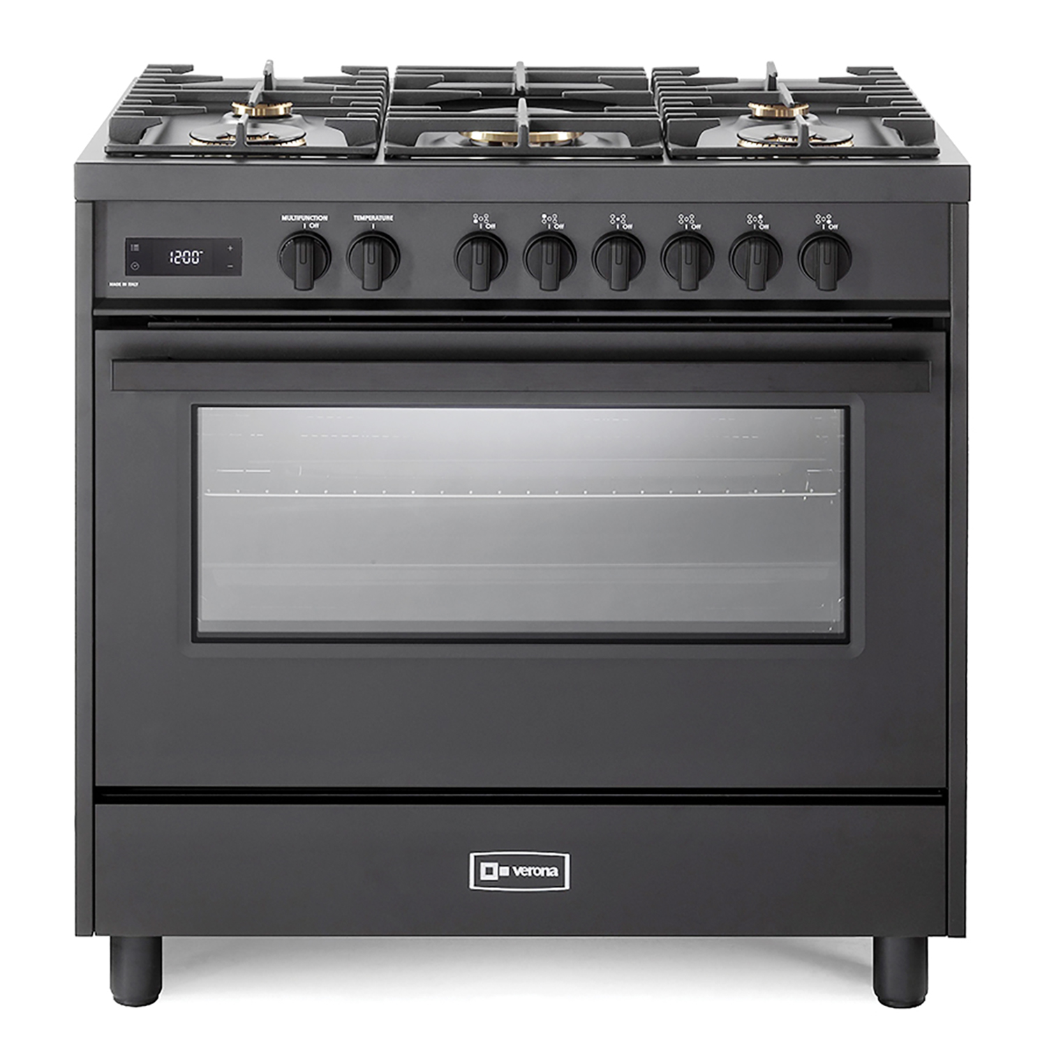 a black stove with four burners and a oven top