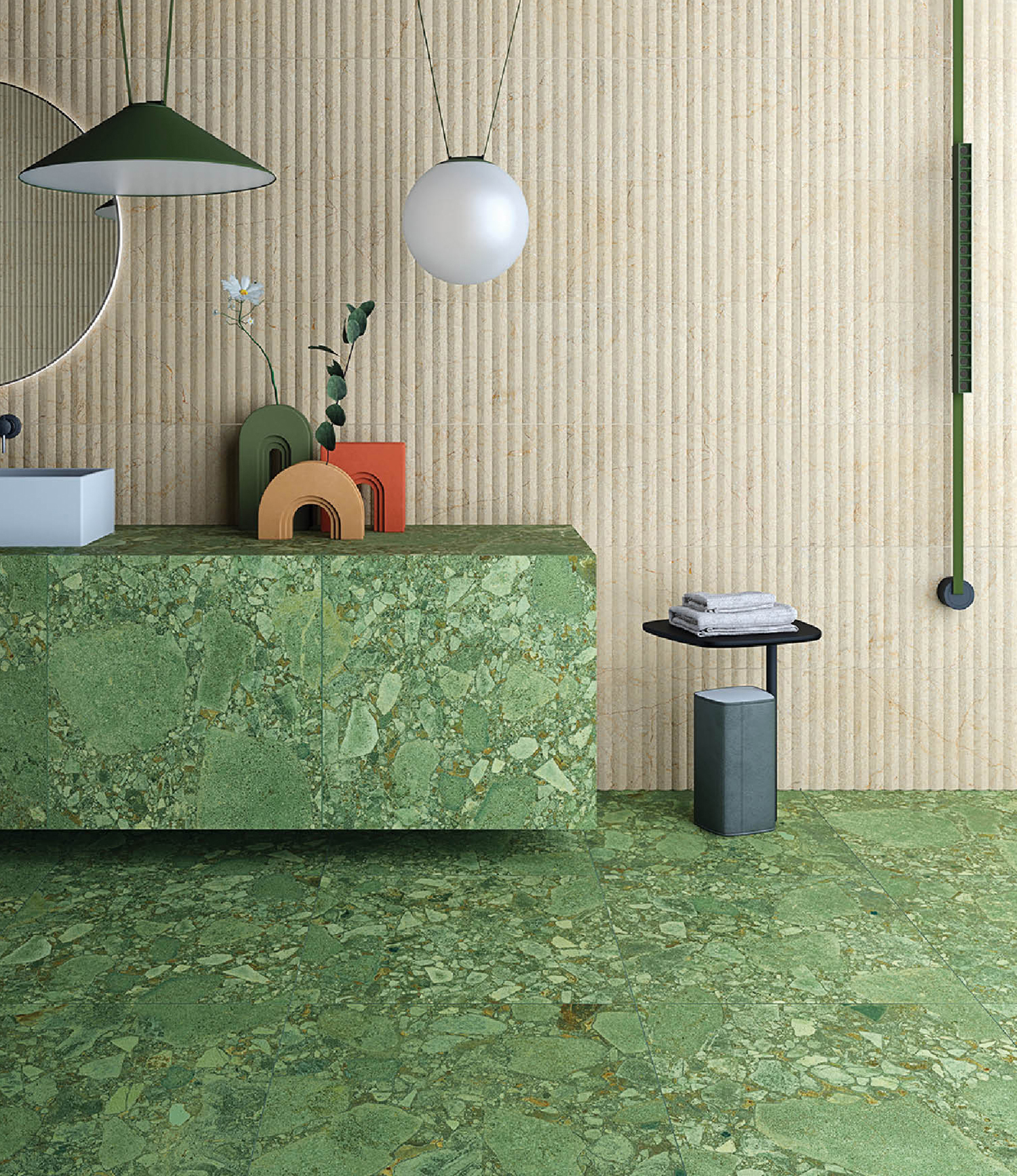 green counter with fluted tan wall