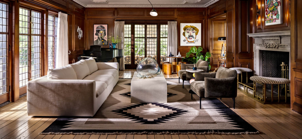 living room with wood paneled walls