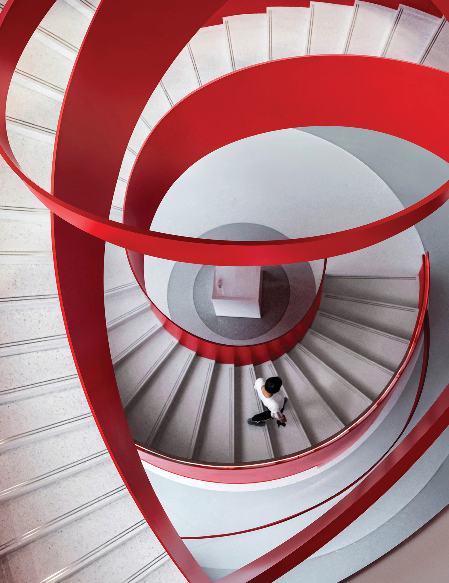 a man is walking up a spiral staircase