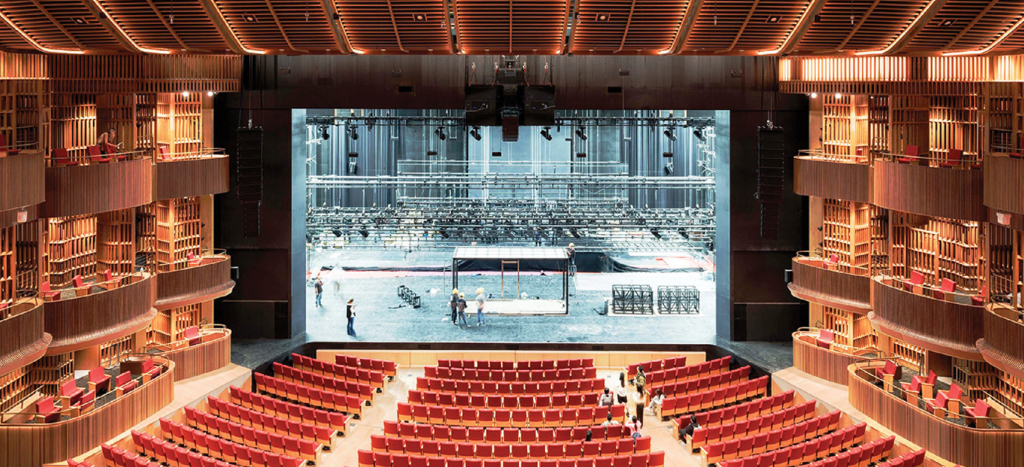 A large auditorium with rows of seats and a stage