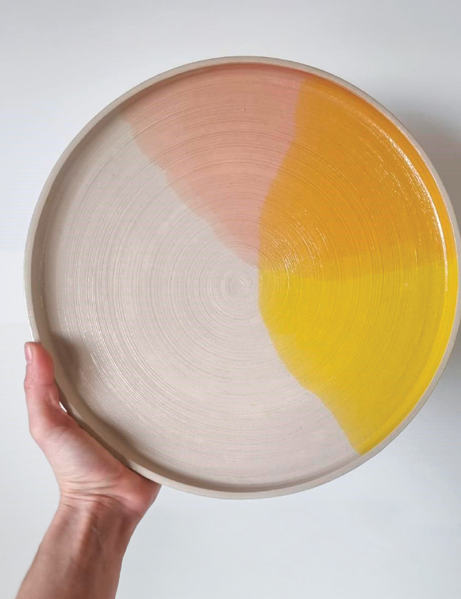 A hand holding a yellow and pink plate