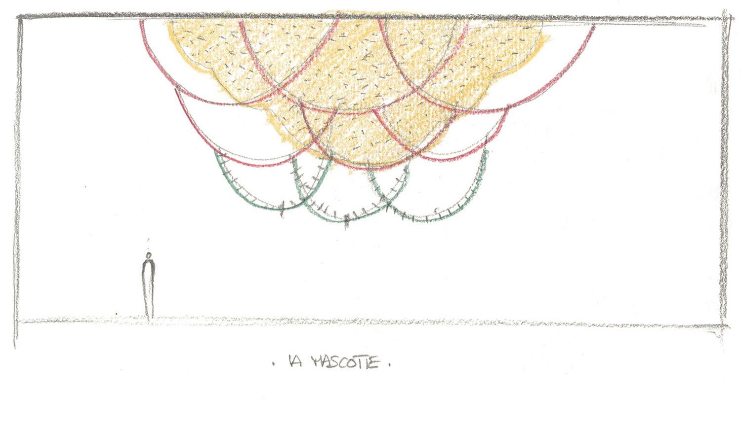 A drawing of a flower with a man standing in the background