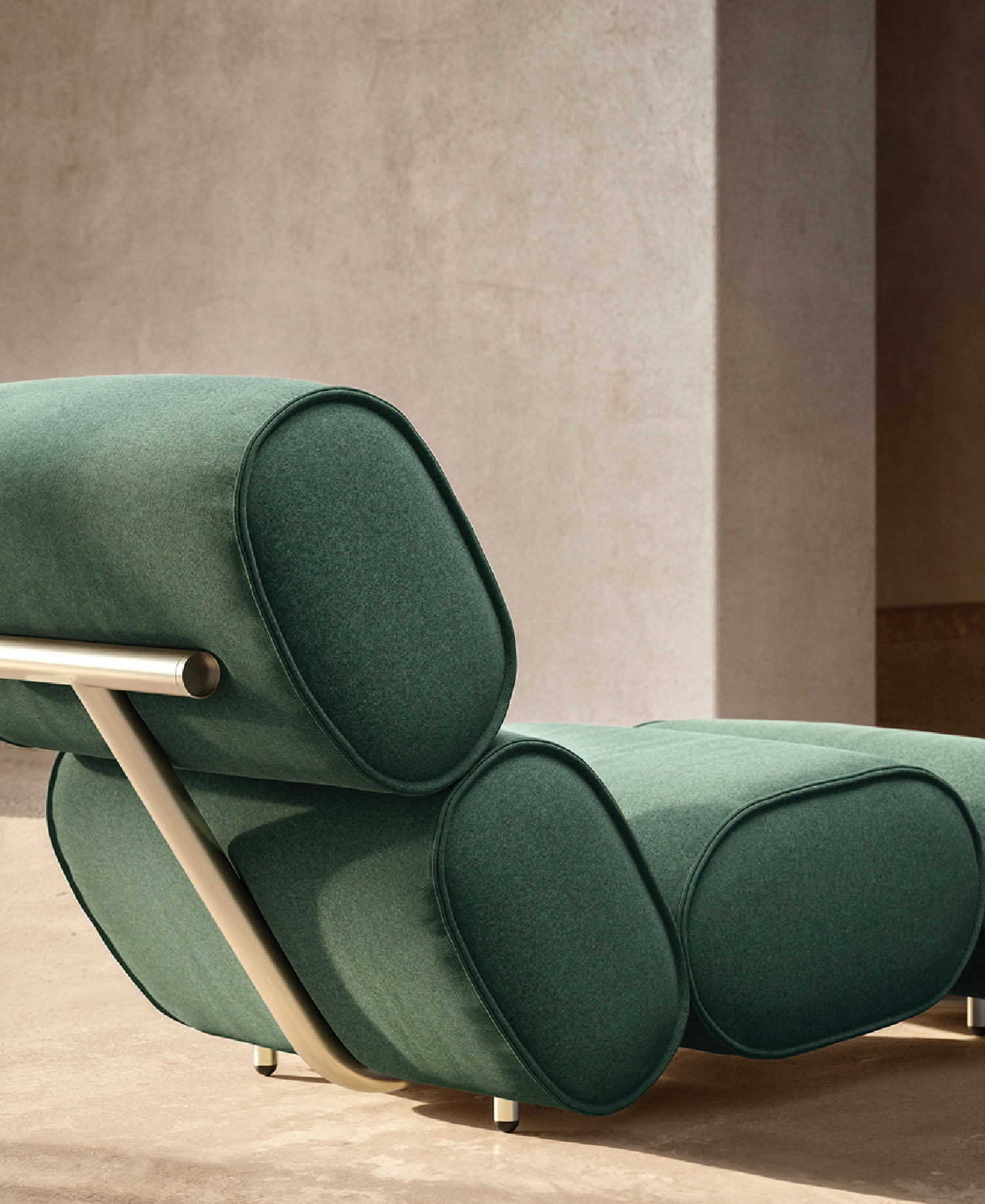 A green chair with a white base