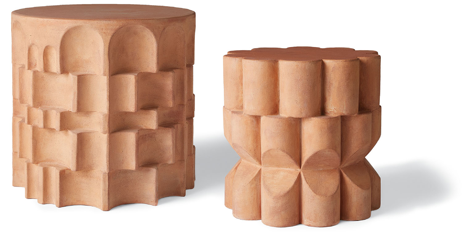 Two wooden stools with geometric shapes
