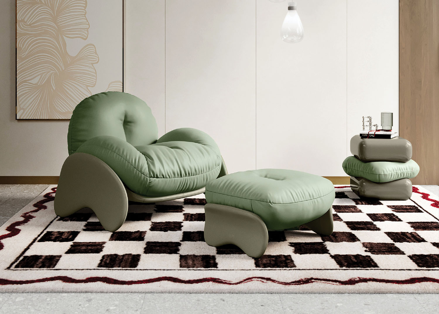 A living room with a rug and a chair