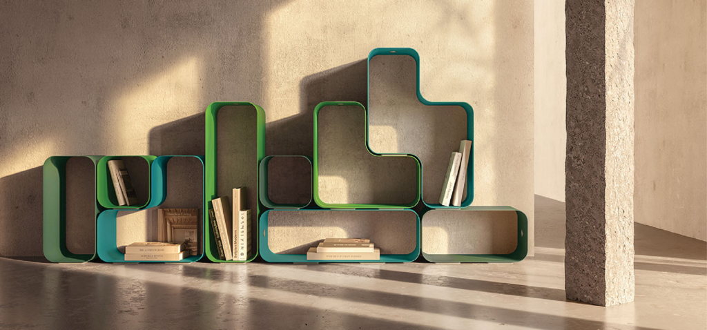 tetris inspired shelf with books in it