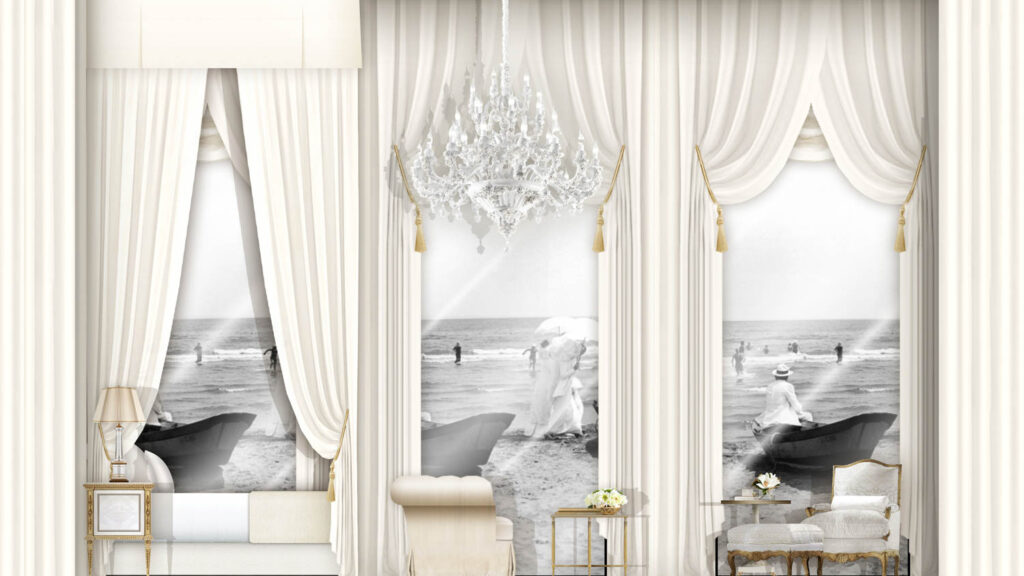 interior of Salone del Mobile 2025 space with white gauzy curtains
