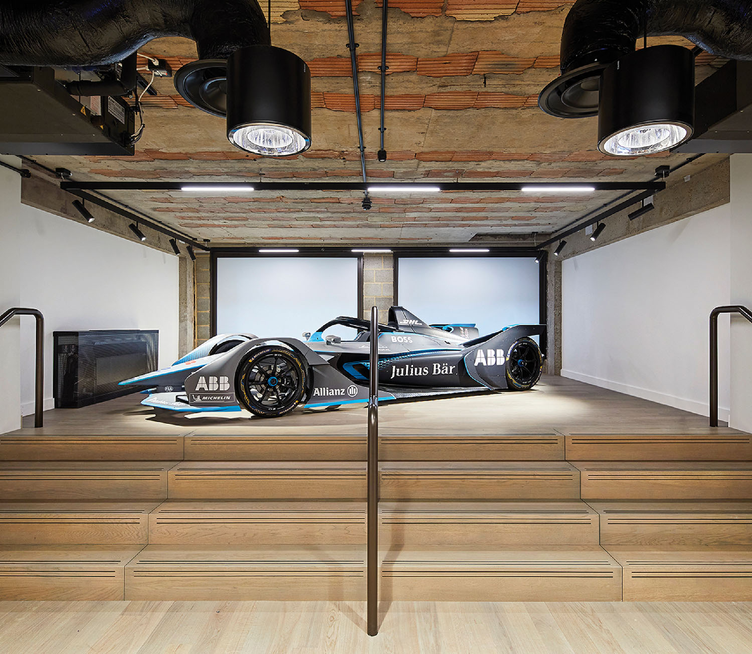 A car is parked in a garage