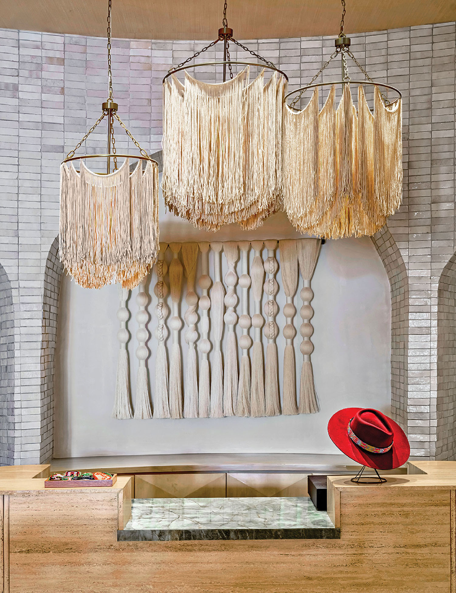 A wooden table with a lamp and a lamp