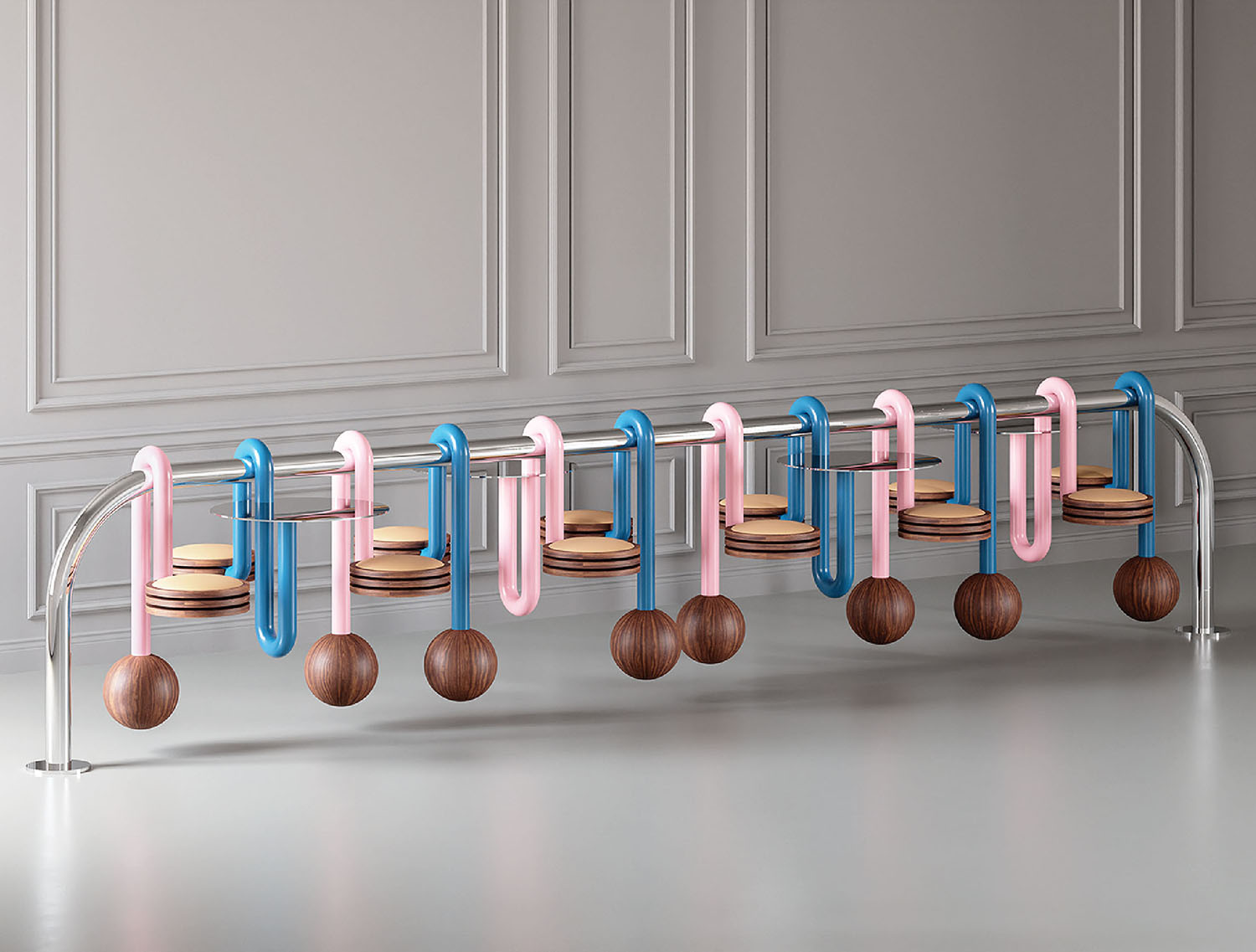 A rack with wooden balls and a metal rack with a wooden ball
