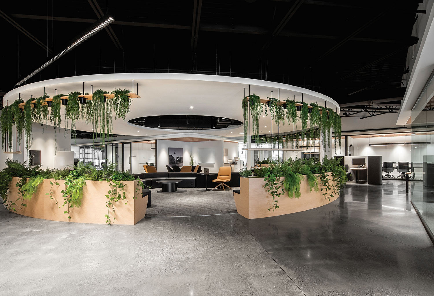 A large office with a circular planter