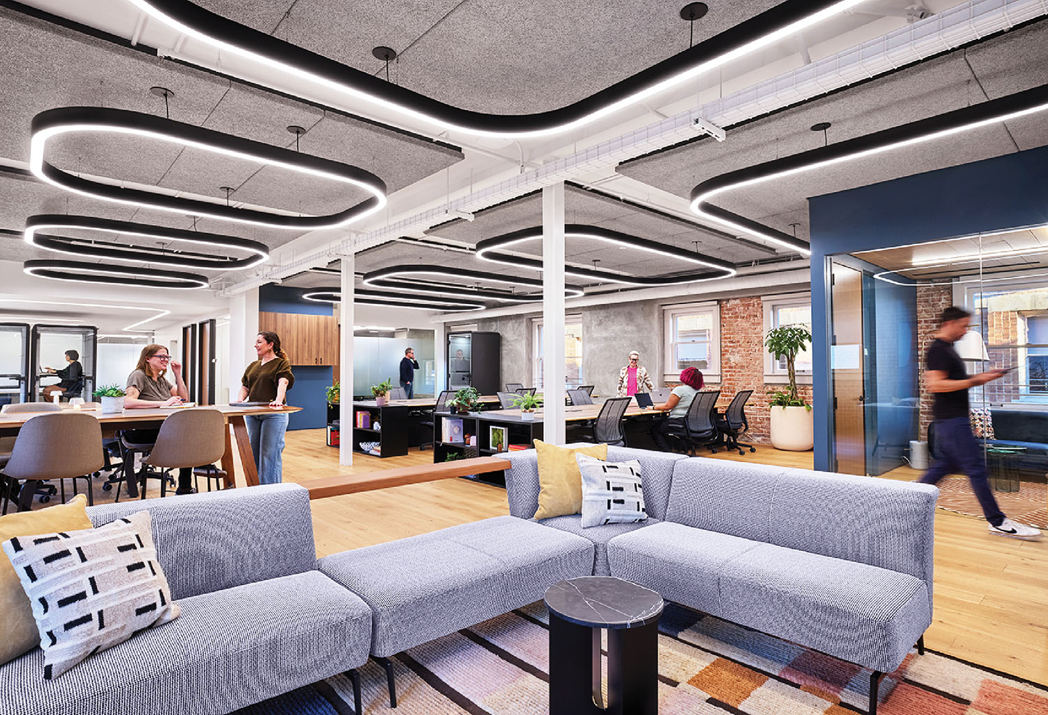 A large open space with a couch and a table