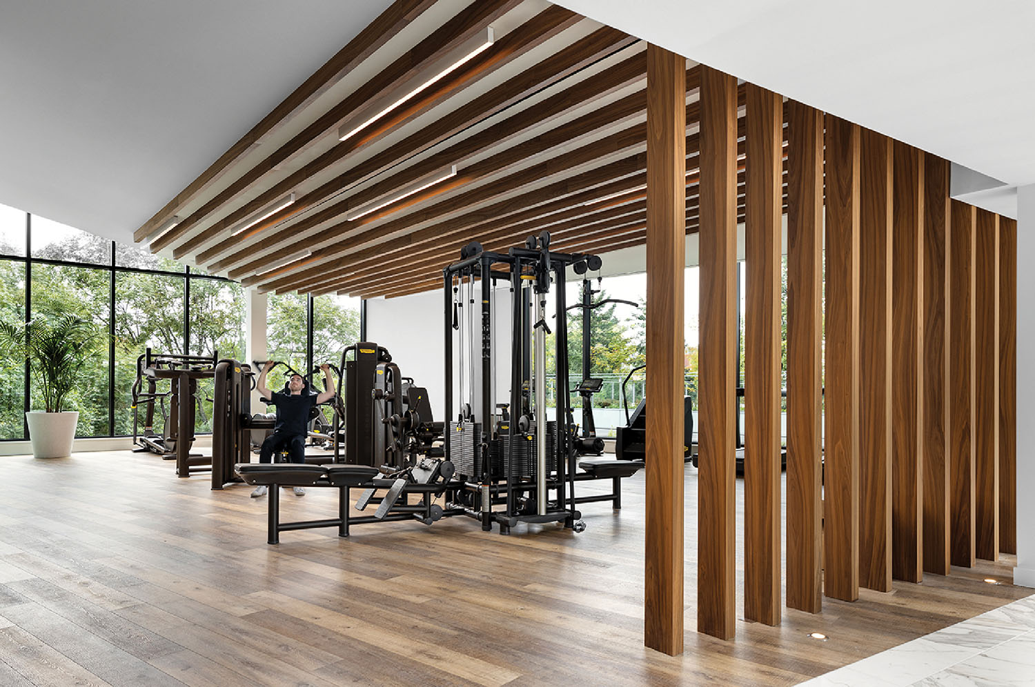 A gym with a wooden ceiling and a large window