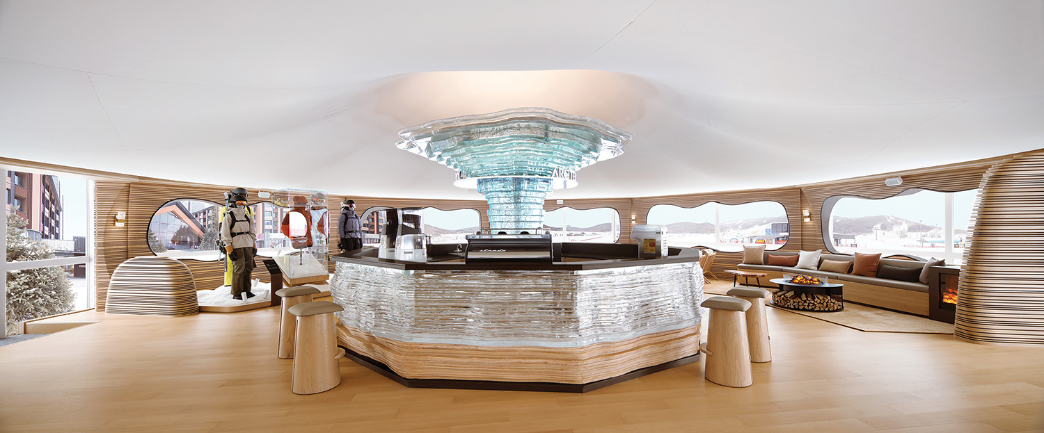 A large white room with a curved counter.