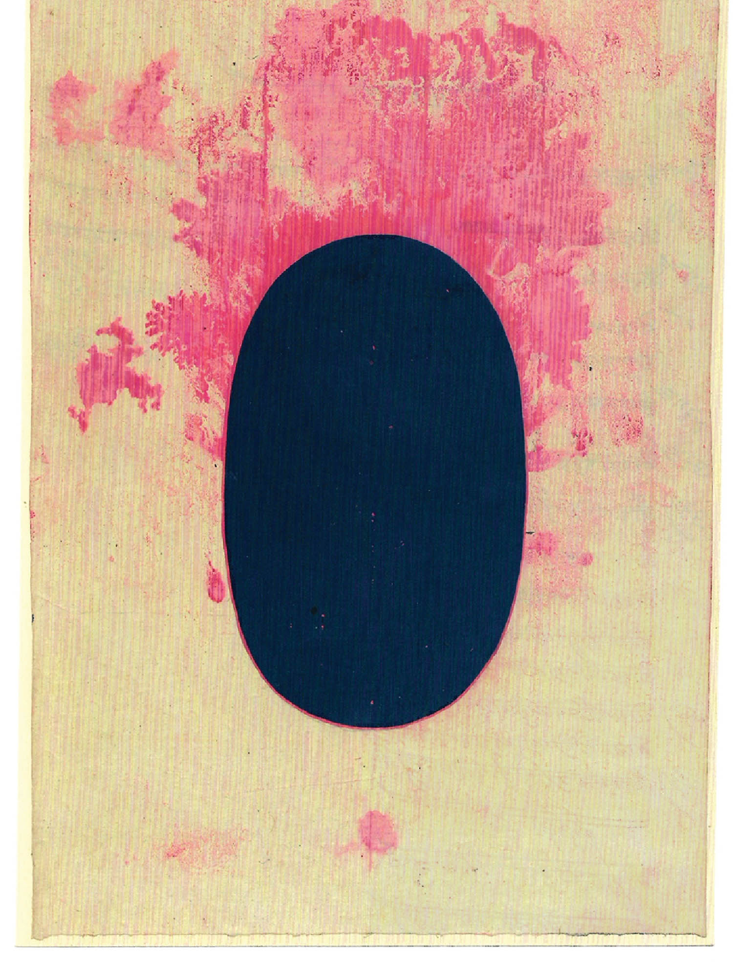 A painting with a black circle on it.