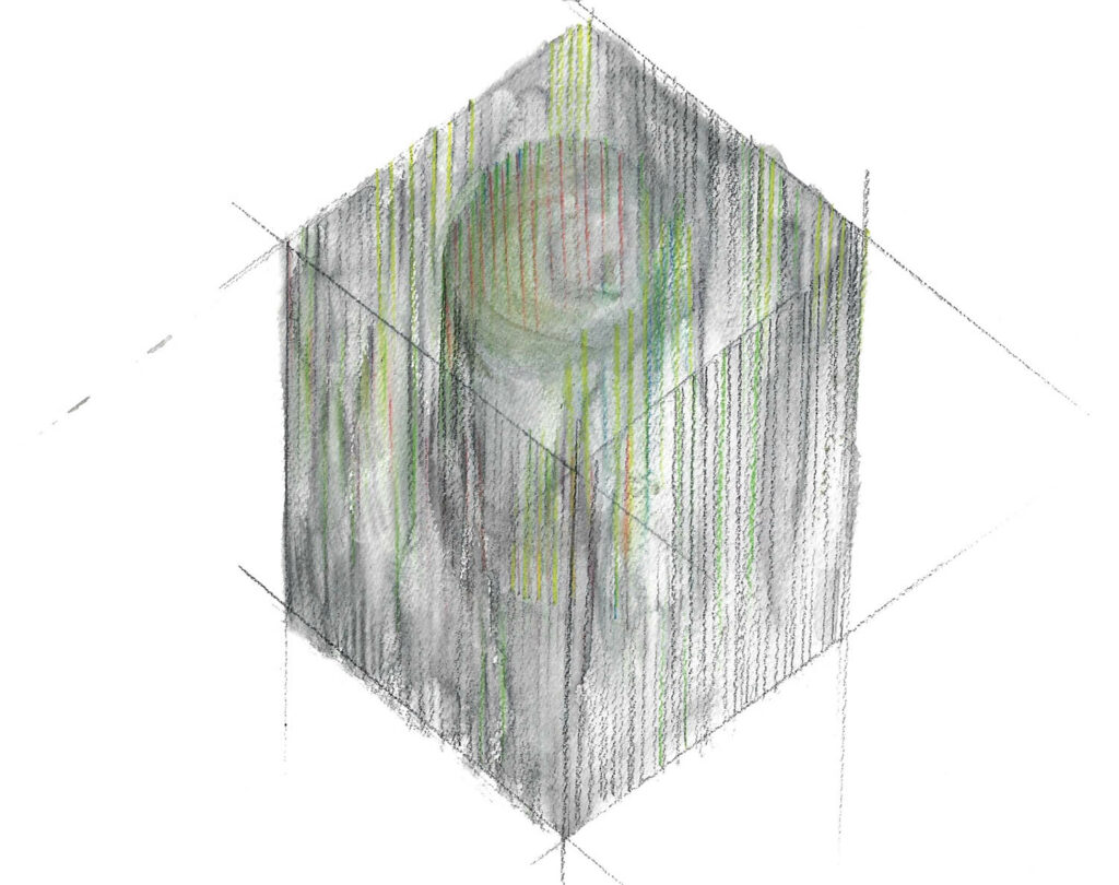A drawing of a cube with a green and white pattern.