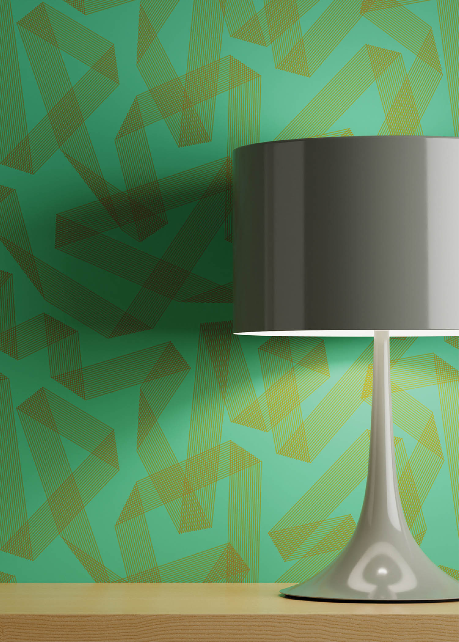 A lamp on a table with a green wallpaper.