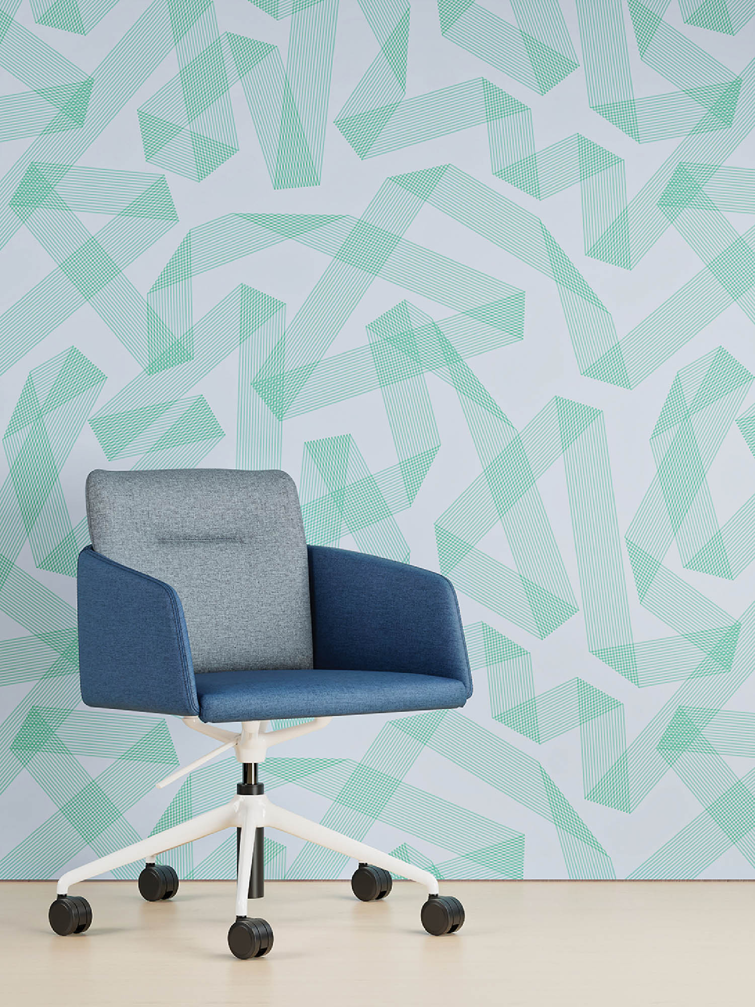 A chair in front of a wall with a geometric pattern.