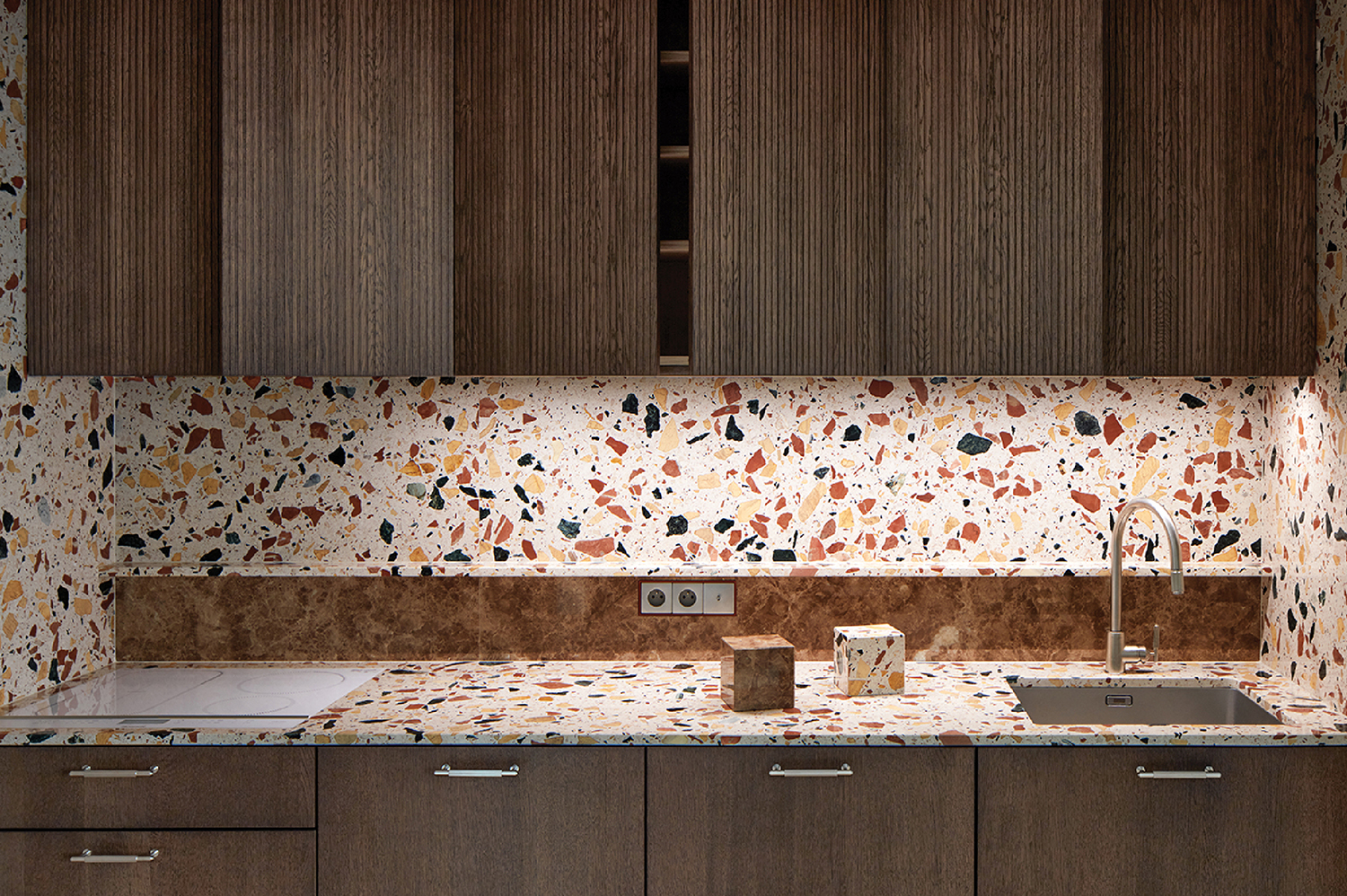 A kitchen with a sink and cabinets.