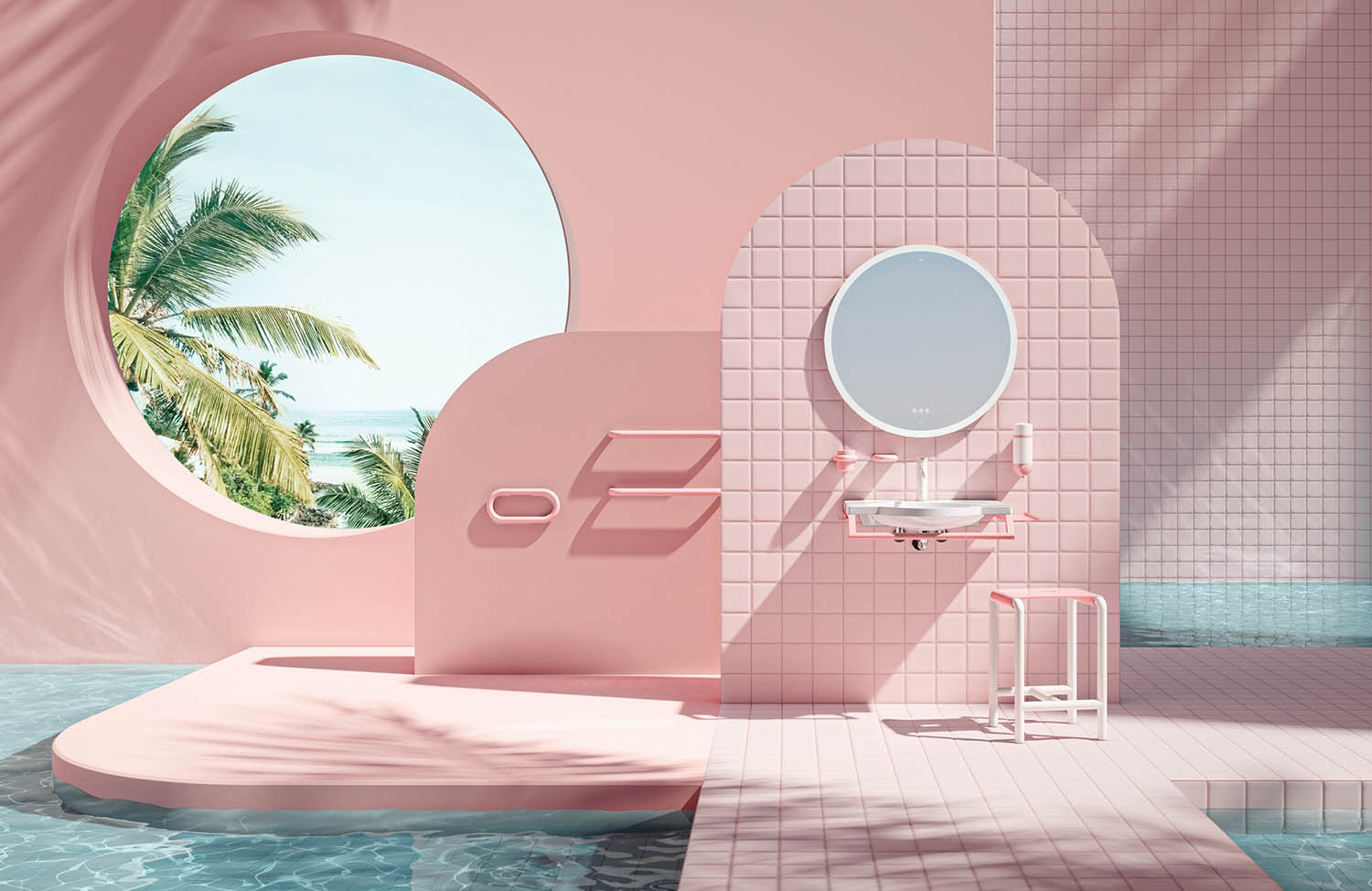 A pink bathroom with a round mirror and a sink.