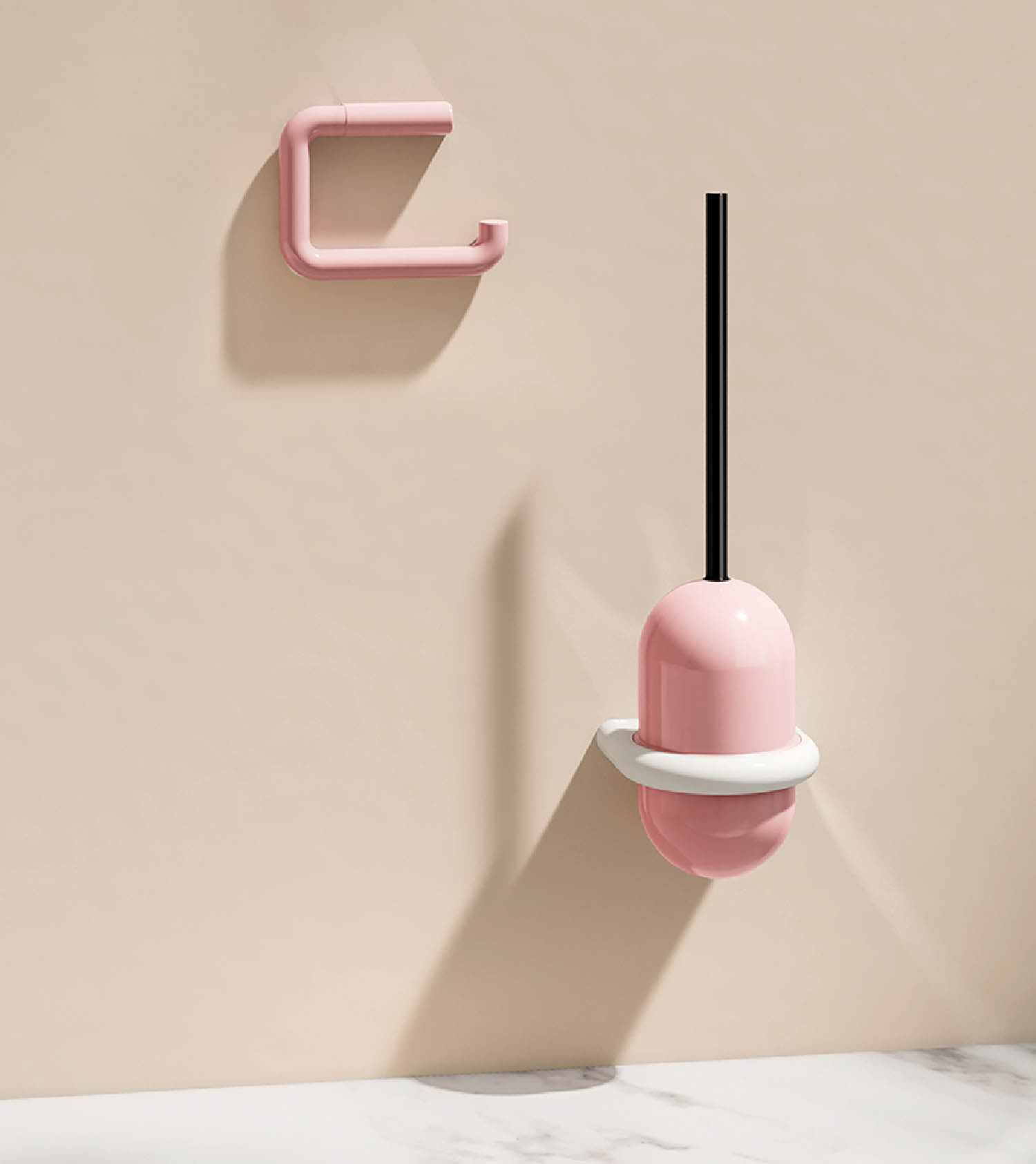 A pink wall mounted hook with a black handle.