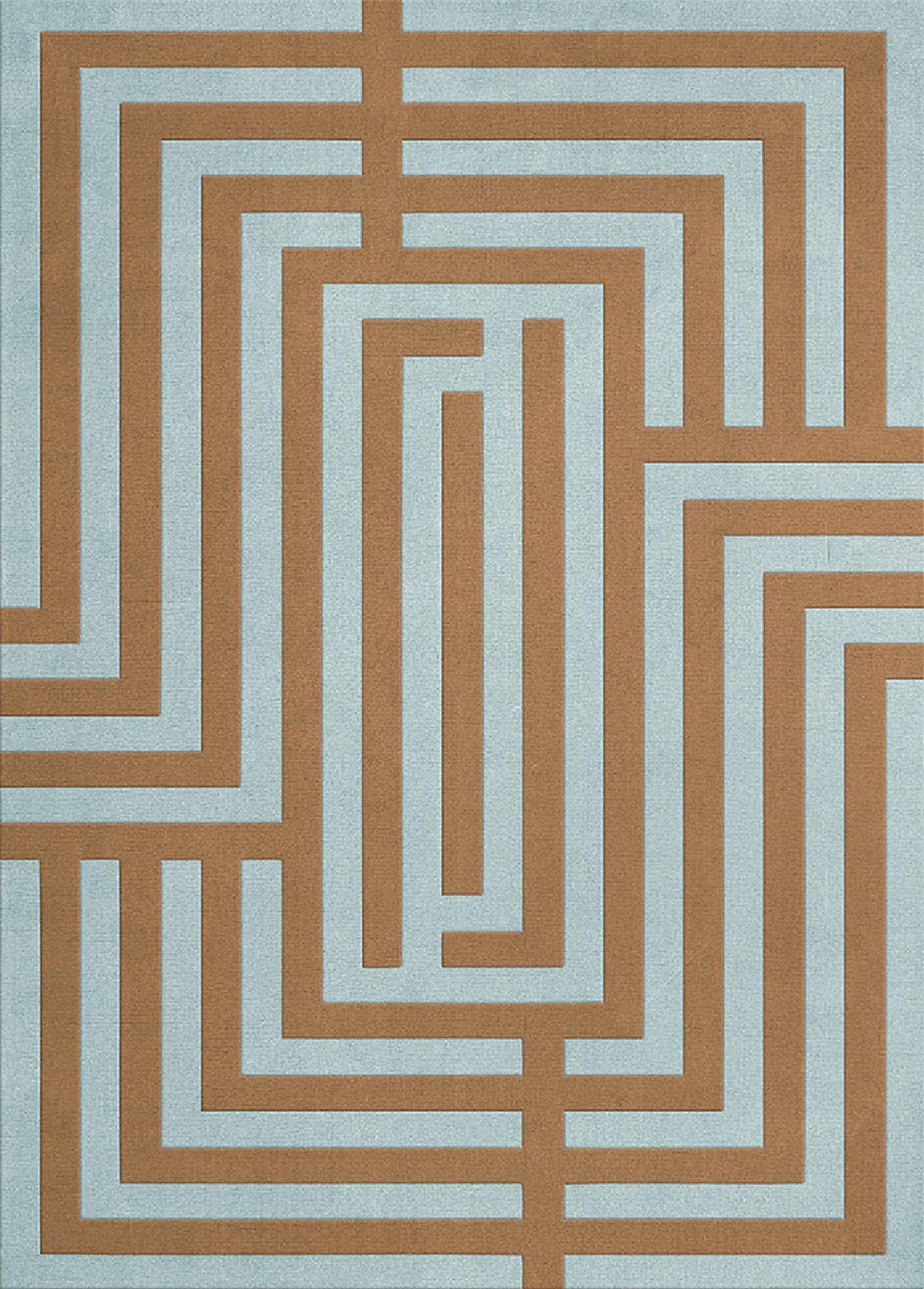 A rug with a square pattern in blue and brown.